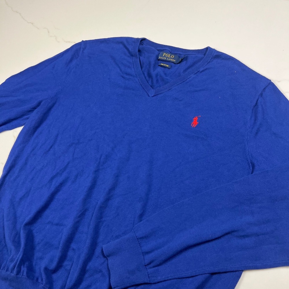 Polo Ralph Lauren Sweater Mens Large Royal Blue V-Neck Pima Cotton Red Pony